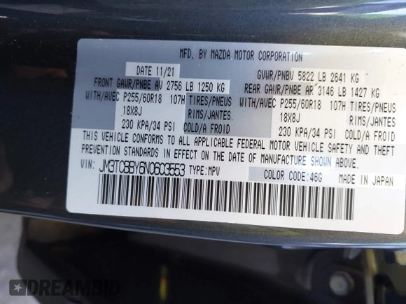2022 Mazda CX-9 Sport with VIN JM3TCBBY6N0603553, listed as a IAAI auction lot 40640259 with 19,972 mi miles. Bid and sale history available at carsss.com. Image 9.
