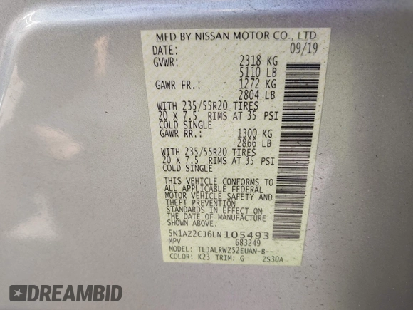 2020 Nissan Murano SL with VIN 5N1AZ2CJ6LN105493, listed as a IAAI auction lot 42487436 with 27,099 mi miles and . Bid and sale history available at DreamBid. Image 9.