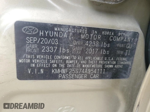 2004 Hyundai Sonata with VIN KMHWF25S74A954111, listed as a Copart auction lot 86646414 with 139,588 mi miles and Salvage Title. Bid and sale history available at carsss.com. Image 12.