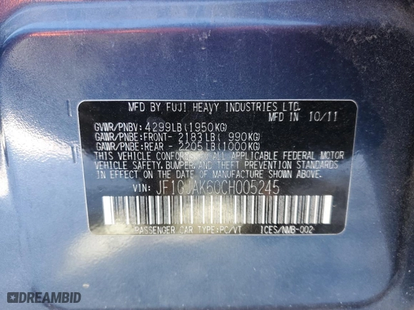 2012 Subaru Impreza Sedan 2.0i Limited with VIN JF1GJAK60CH005245, listed as a Copart auction lot 87880155 with 118,074 mi miles and Salvage Title. Bid and sale history available at carsss.com. Image 12.