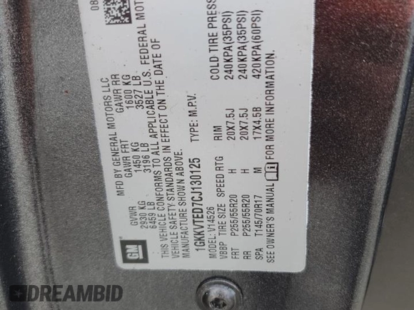 2012 GMC Acadia Denali z VIN 1GKKVTED7CJ130125, wystawiony jako Copart lot #64950755 z przebiegiem Nie podano mil oraz Szkoda całkowita • Salvage title. Historia ofert i sprzedaży dostępna na DreamBid. Obrazek 13.