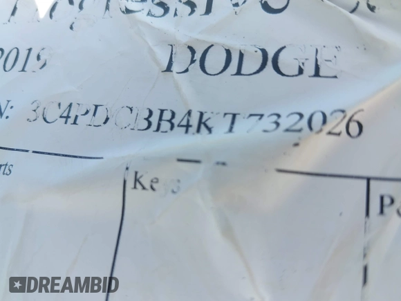 2019 Dodge Journey SE with VIN 3C4PDCBB4KT732026, listed as a IAAI auction lot 42177975 with Not provided miles and . Bid and sale history available at DreamBid. Image 9.