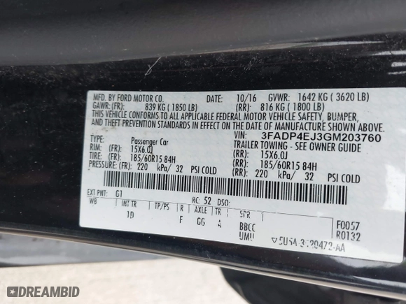 2016 Ford Fiesta SE with VIN 3FADP4EJ3GM203760, listed as a IAAI auction lot 41928386 with 52,744 mi miles. Bid and sale history available at carsss.com. Image 9.
