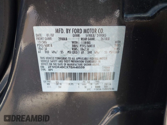 2007 Ford Edge SEL PLUS with VIN 2FMDK49CX7BA48559, listed as a IAAI auction lot 42009908 with 151,072 mi miles. Bid and sale history available at carsss.com. Image 9.
