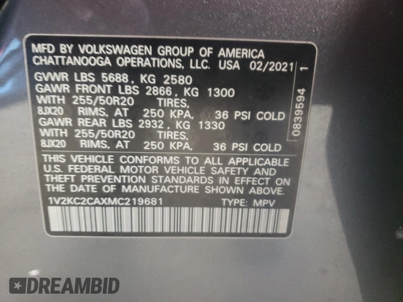 2021 Volkswagen Atlas SE with VIN 1V2KC2CAXMC219681, listed as a Copart auction lot 37899103 with 18,919 mi miles and Salvage title. Bid and sale history available at DreamBid. Image 15.