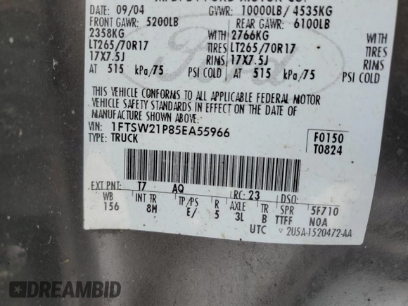 2005 Ford F-250 XL z VIN 1FTSW21P85EA55966, wystawiony jako Copart lot #53452015 z przebiegiem 314 650 mil mil oraz Nie do naprawy • Non repairable. Historia ofert i sprzedaży dostępna na DreamBid. Obrazek 13.