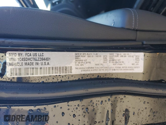 2020 Dodge Durango R/T z VIN 1C4SDHCT6LC394401, wystawiony jako Copart lot #87300014 z przebiegiem 64 519 mil mil oraz Szkoda całkowita • Salvage title. Historia ofert i sprzedaży dostępna na DreamBid. Obrazek 13.