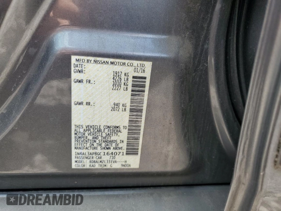 2016 Nissan Altima S z VIN 1N4AL3AP8GC164071, wystawiony jako Copart lot #60593915 z przebiegiem 60 357 mil mil oraz Szkoda całkowita • Salvage title. Historia ofert i sprzedaży dostępna na DreamBid. Obrazek 12.