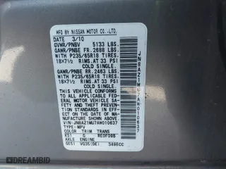 2010 Nissan Murano S with VIN JN8AZ1MU7AW010637, listed as a IAAI auction lot 41847060 with 134,386 mi miles. Bid and sale history available at carsss.com. Image 9.