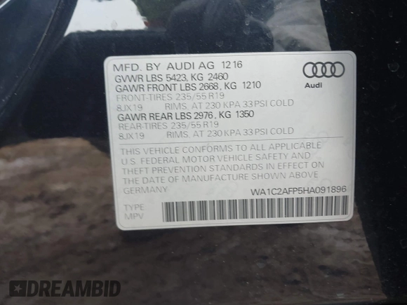 2017 Audi Q5 Premium with VIN WA1C2AFP5HA091896, listed as a IAAI auction lot 41553610 with 124,553 mi miles. Bid and sale history available at carsss.com. Image 9.