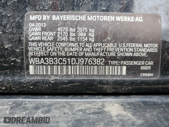 2013 BMW 3 Series 328i xDrive with VIN WBA3B3C51DJ976382, listed as a Copart auction lot 52262085 with 110,432 mi miles and Salvage title. Bid and sale history available at DreamBid. Image 14.