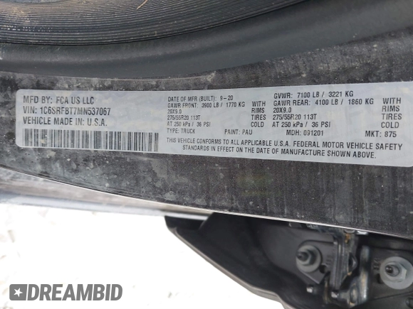 2021 Ram 1500 Big Horn с VIN 1C6SRFBT7MN537067, выставлен на аукционе IAAI как лот 41636141 с пробегом 48 006 миль миль и . История ставок и продаж доступна на DreamBid. Изображение 9.