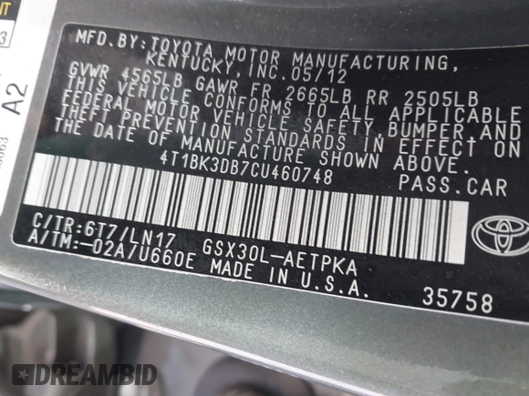 2012 Toyota Avalon with VIN 4T1BK3DB7CU460748, listed as a IAAI auction lot 41510564 with 80,141 mi miles and . Bid and sale history available at DreamBid. Image 9.