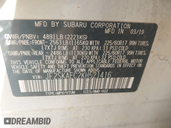 2019 Subaru Forester Premium with VIN JF2SKAEC2KH521416, listed as a IAAI auction lot 41392632 with 101,052 mi miles. Bid and sale history available at carsss.com. Image 9.