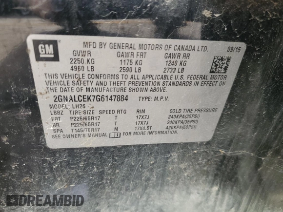 2016 Chevrolet Equinox LT with VIN 2GNALCEK7G6147884, listed as a Copart auction lot 52545355 with 137,435 mi miles and Salvage Title. Bid and sale history available at DreamBid. Image 13.