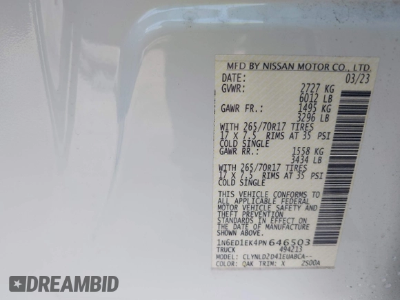 2023 Nissan Frontier Pro-4X with VIN 1N6ED1EK4PN646503, listed as a IAAI auction lot 42069729 with 40,951 mi miles and . Bid and sale history available at DreamBid. Image 9.