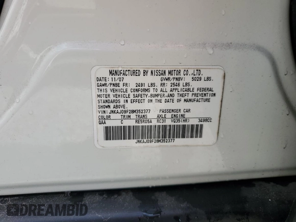 2008 Infiniti EX Journey with VIN JNKAJ09F28M352377, listed as a Copart auction lot 58261205 with 136,454 mi miles and Salvage title. Bid and sale history available at DreamBid. Image 14.