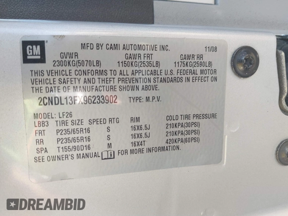2009 Chevrolet Equinox LS with VIN 2CNDL13FX96233902, listed as a IAAI auction lot 40860018 with 137,213 mi miles and . Bid and sale history available at DreamBid. Image 9.