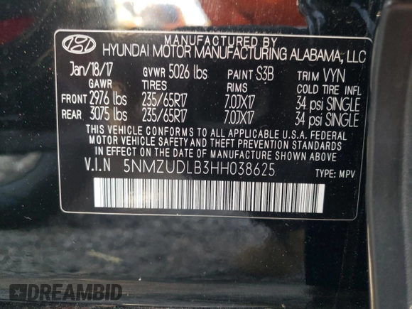 2017 Hyundai Santa Fe 2.4L with VIN 5NMZUDLB3HH038625, listed as a Copart auction lot 62385955 with 84,046 mi miles and Salvage title. Bid and sale history available at DreamBid. Image 13.