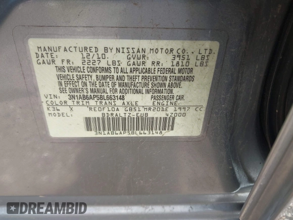 2011 Nissan Sentra 2.0 with VIN 3N1AB6AP5BL663148, listed as a IAAI auction lot 41390746 with 217,865 mi miles and . Bid and sale history available at DreamBid. Image 9.