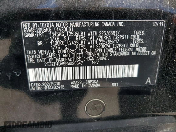 2011 Toyota RAV4 with VIN 2T3ZF4DV9BW096647, listed as a Copart auction lot 53524925 with Not Provided miles and Salvage Title. Bid and sale history available at DreamBid. Image 13.