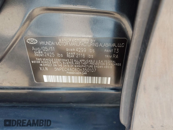 2012 Hyundai Sonata 2.4L Limited PZEV with VIN 5NPEC4AC6CH350107, listed as a IAAI auction lot 42026674 with 162,855 mi miles. Bid and sale history available at carsss.com. Image 9.