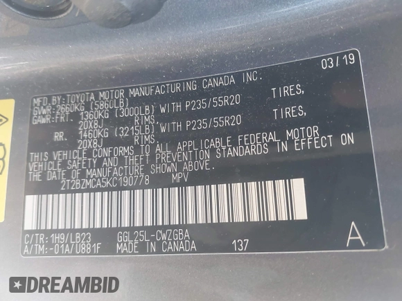 2019 Lexus RX 350 with VIN 2T2BZMCA5KC190778, listed as a IAAI auction lot 42348881 with 55,110 mi miles and . Bid and sale history available at DreamBid. Image 9.