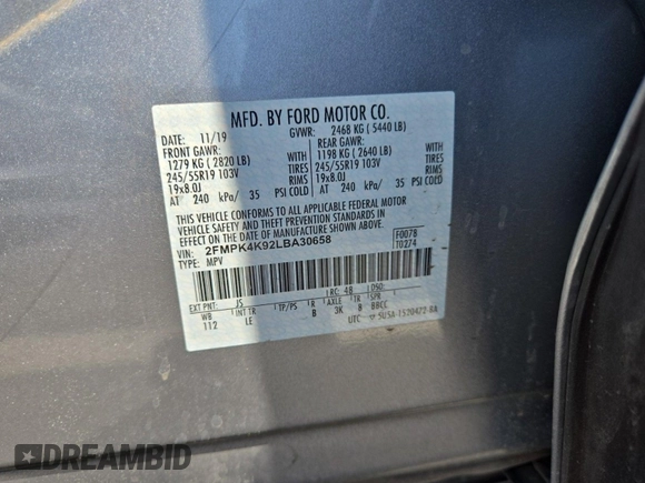 2020 Ford Edge Titanium with VIN 2FMPK4K92LBA30658, listed as a IAAI auction lot 42848998 with 63,460 mi miles and . Bid and sale history available at DreamBid. Image 25.