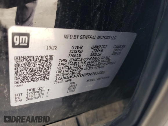2023 Chevrolet Suburban Premier with VIN 1GNSKFKD8PR205665, listed as a Copart auction lot 51694655 with 27,882 mi miles and Salvage title. Bid and sale history available at DreamBid. Image 13.