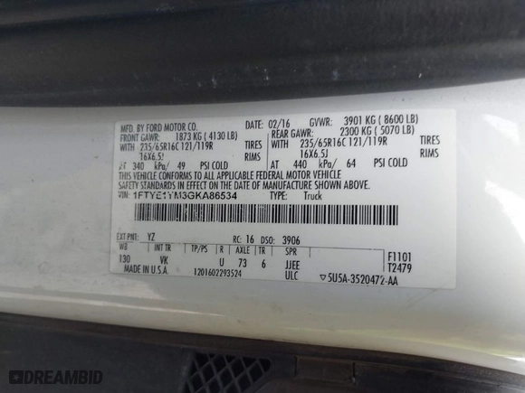 2016 Ford Transit Cargo Van with VIN 1FTYE1YM3GKA86534, listed as a IAAI auction lot 41890239 with 216,017 mi miles. Bid and sale history available at carsss.com. Image 9.