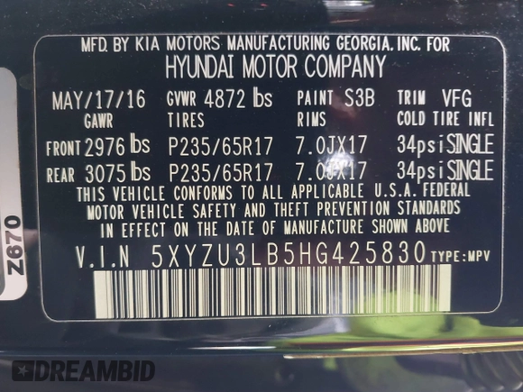 2017 Hyundai Santa Fe 2.4L z VIN 5XYZU3LB5HG425830, wystawiony jako IAAI lot #41428863 z przebiegiem 76 366 mil mil oraz . Historia ofert i sprzedaży dostępna na DreamBid. Obrazek 9.