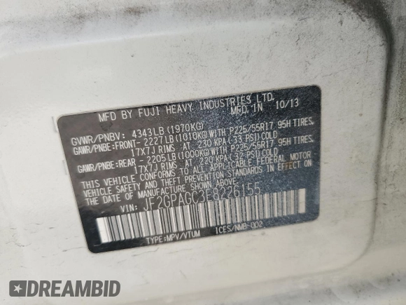 2014 Subaru Crosstrek Limited with VIN JF2GPAGC3E8226155, listed as a Copart auction lot 63656495 with 121,067 mi miles and Clean title. Bid and sale history available at DreamBid. Image 12.