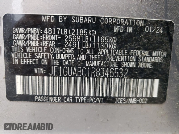 2024 Subaru Impreza with VIN JF1GUABC1R8346532, listed as a Copart auction lot 71314584 with 3,709 mi miles and Salvage Title. Bid and sale history available at carsss.com. Image 14.