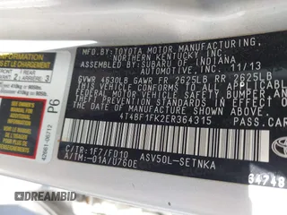 2014 Toyota Camry L with VIN 4T4BF1FK2ER364315, listed as a IAAI auction lot 41582885 with 1 mi miles. Bid and sale history available at carsss.com. Image 9.