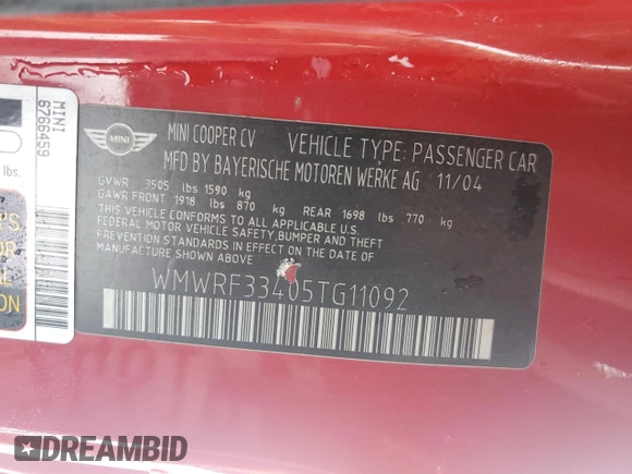 2005 MINI Convertible z VIN WMWRF33405TG11092, wystawiony jako Copart lot #84762004 z przebiegiem 94 895 mil mil oraz Szkoda całkowita • Salvage title. Historia ofert i sprzedaży dostępna na DreamBid. Obrazek 12.