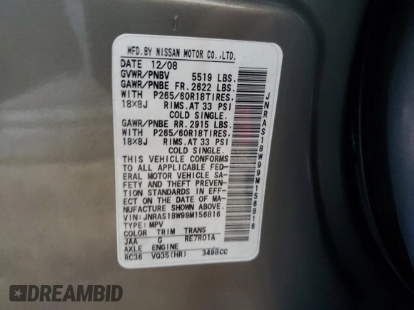 2009 Infiniti FX with VIN JNRAS18W99M156816, listed as a Copart auction lot 57883055 with 165,808 mi miles and Salvage title. Bid and sale history available at DreamBid. Image 13.