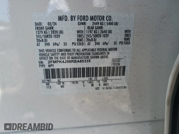 2024 Ford Edge SEL with VIN 2FMPK4J98RBA85335, listed as a Copart auction lot 48215965 with 4,381 mi miles and Salvage Title. Bid and sale history available at carsss.com. Image 13.