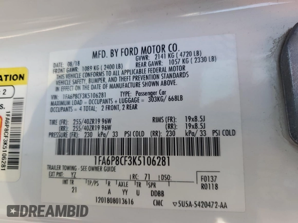 2019 Ford Mustang GT with VIN 1FA6P8CF3K5106281, listed as a Copart auction lot 59230645 with 76,999 mi miles and Salvage title. Bid and sale history available at DreamBid. Image 13.