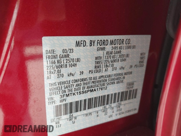 2023 Ford Mustang Mach-E Select with VIN 3FMTK1SS6PMA17612, listed as a IAAI auction lot 42536713 with 10,840 mi miles and . Bid and sale history available at DreamBid. Image 9.