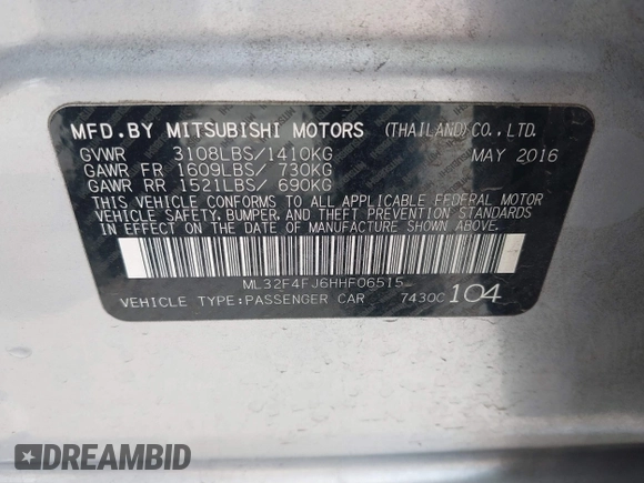 2017 Mitsubishi Mirage SE with VIN ML32F4FJ6HHF06515, listed as a IAAI auction lot 42191613 with 100,386 mi miles and . Bid and sale history available at DreamBid. Image 9.