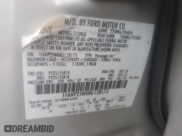 2008 Ford Taurus Limited with VIN 1FAHP25W08G128173, listed as a Copart auction lot 80162014 with Not Provided miles and Salvage Title. Bid and sale history available at carsss.com. Image 13.