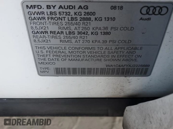2018 Audi SQ5 Prestige with VIN WA1C4AFYXJ2225689, listed as a Copart auction lot 57722294 with 66,630 mi miles and . Bid and sale history available at DreamBid. Image 13.