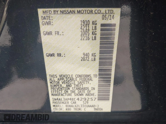 2014 Nissan Altima 2.5 S with VIN 1N4AL3AP4EC429257, listed as a IAAI auction lot 41976407 with 109,014 mi miles. Bid and sale history available at carsss.com. Image 9.