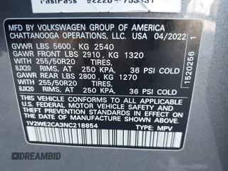2022 Volkswagen Atlas SE с VIN 1V2WE2CA3NC218854, выставлен на аукционе IAAI как лот 41931015 с пробегом 49 855 миль миль и . История ставок и продаж доступна на DreamBid. Изображение 9.