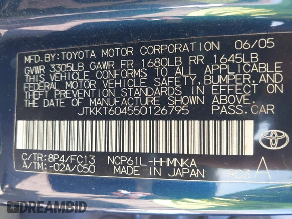 2005 Scion xA z VIN JTKKT604550126795, wystawiony jako IAAI lot #42056410 z przebiegiem 84 169 mil mil oraz . Historia ofert i sprzedaży dostępna na DreamBid. Obrazek 9.