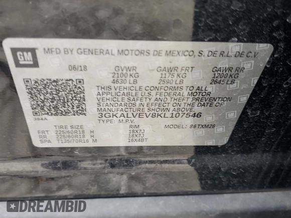 2019 GMC Terrain SLT with VIN 3GKALVEV8KL107546, listed as a Copart auction lot 51058485 with 99,866 mi miles and Salvage Title. Bid and sale history available at carsss.com. Image 13.