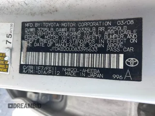 2008 Toyota Prius with VIN JTDKB20U083395633, listed as a IAAI auction lot 42592217 with Not provided miles and . Bid and sale history available at DreamBid. Image 9.