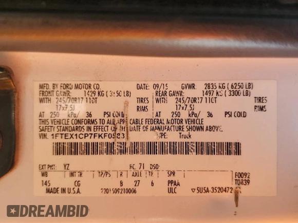 2015 Ford F-150 XL with VIN 1FTEX1CP7FKF05837, listed as a Copart auction lot 53962445 with 187,581 mi miles and Salvage title. Bid and sale history available at DreamBid. Image 12.