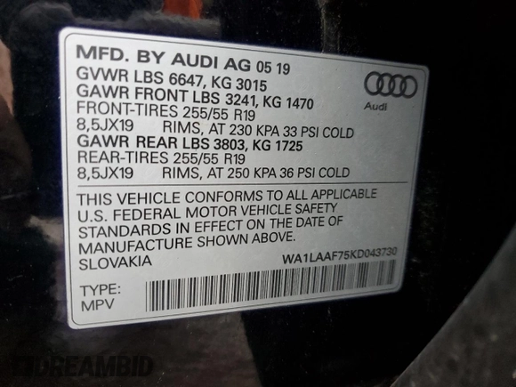 2019 Audi Q7 Premium Plus with VIN WA1LAAF75KD043730, listed as a Copart auction lot 85777394 with 66,785 mi miles and Salvage Title. Bid and sale history available at carsss.com. Image 15.