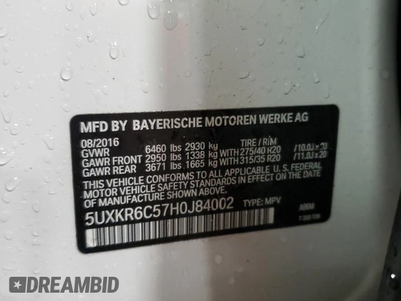 2017 BMW X5 xDrive50i with VIN 5UXKR6C57H0J84002, listed as a Copart auction lot 62474004 with 109,029 mi miles and Salvage title. Bid and sale history available at DreamBid. Image 13.
